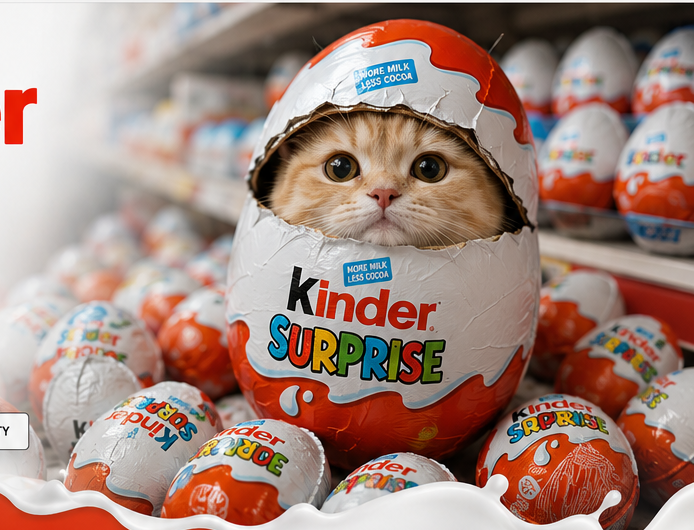 A ginger cat peeking out of a giant Kinder Surprise egg surrounded by chocolate eggs